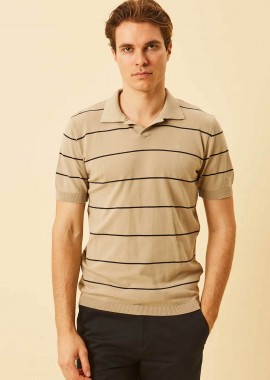 DORS ανδρική πλεκτή μπλούζα πόλο με V open-collar και ριγέ σχέδιο Regular Fit - 1240004.C01 Μπεζ