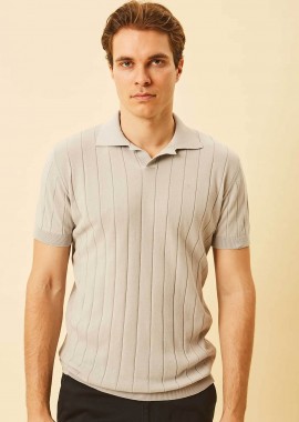 DORS - DORS ανδρική πλεκτή μπλούζα πόλο με V open-collar και ριγέ σχέδιο Regular Fit - 1240001.C03 Γκρι Ανοιχτό