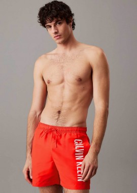 Calvin Klein ανδρικό μαγιό σορτς μονόχρωμο με logo print - KM0KM01092 Κόκκινο