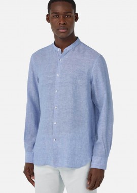 BOGGI MILANO - Boggi Milano ανδρικό λινό πουκάμισο με μάο γιακά Regular Fit - BO25P063402 Σιελ