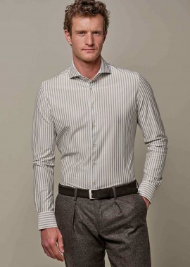 PROFUOMO - Profuomo ανδρικό πουκάμισο με ριγέ σχέδιο Japanese knitted Slim Fit - PPVH30045B Καφέ Ανοιχτό