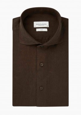 Profuomo ανδρικό λινό πουκάμισο μονόχρωμο Slim Fit - PPWH10020H Καφέ