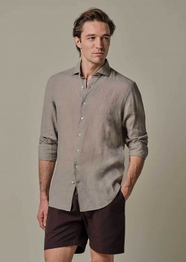 PROFUOMO - Profuomo ανδρικό λινό πουκάμισο Slim Fit - PPXH10017D Μπεζ
