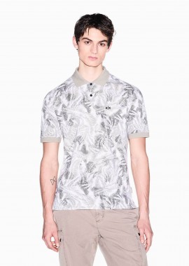 Armani Exchange ανδρική κοντομάνικη μπλούζα πόλο πικέ με all-over print και κεντημένο monogram Regular Fit - XM002355AF10366 Μπεζ