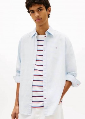 Tommy Jeans ανδρικό πουκάμισο με λινό με λογότυπο Regular Fit - DM0DM22761 Γαλάζιο