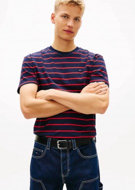 Tommy Jeans ανδρικό T-shirt ριγέ με λογότυπο Regular Fit - DM0DM22544 Μπλε Σκούρο