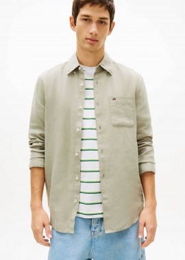 Tommy Jeans ανδρικό πουκάμισο λινό με λογότυπο Regular Fit - DM0DM22760 Πράσινο Μέντας