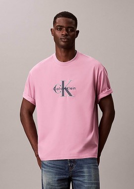 Calvin Klein Jeans ανδρικό T-shirt μονόχρωμο με λογότυπο Relaxed Fit - LV04RE815G Ροζ