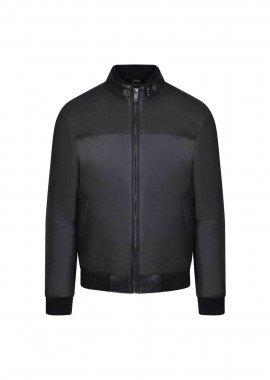Prince Oliver ανδρικό δερμάτινο bomber jacket Modern Fit - 16997036 Μαύρο