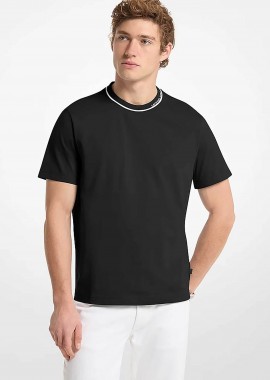 Michael Kors ανδρικό T-shirt με contrast ρίγα και λογότυπο στη λαιμόκοψη Classic Fit - CS652SN19P Μαύρο