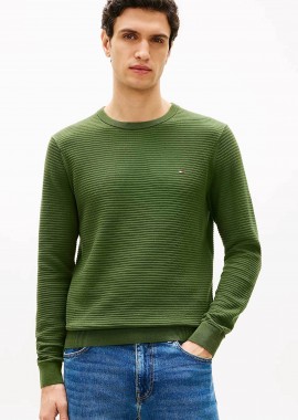 TOMMY HILFIGER - Tommy Hilfiger ανδρικό πουλόβερ textured με κεντημένο logo flag Regular Fit - MW0MW41643 Πράσινο