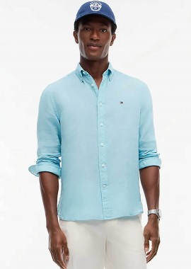 TOMMY HILFIGER - Tommy Hilfiger ανδρικό λινό πουκάμισο button down με κεντημένο logo flag Regular Fit - MW0MW41530 Γαλάζιο