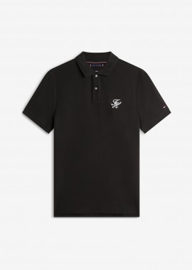 Tommy Hilfiger ανδρική μπλούζα πόλο με κεντημένο monogram και logo flag Regular Fit - MW0MW43046 Μαύρο