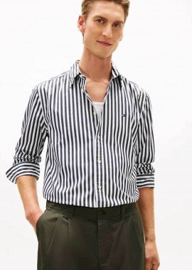 Tommy Hilfiger ανδρικό πουκάμισο ριγέ με κεντημένο logo flag Regular Fit - MW0MW42440 Μαύρο