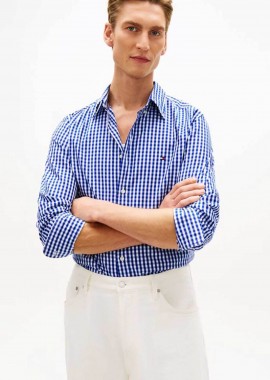 TOMMY HILFIGER - Tommy Hilfiger ανδρικό πουκάμισο καρό με κεντημένο logo flag Regular Fit - MW0MW42445 Λευκό - Μπλε