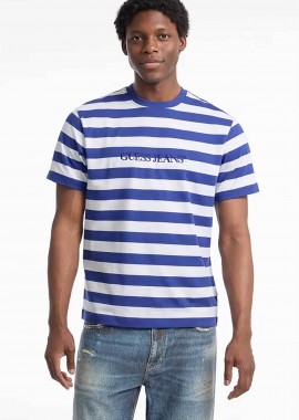 Guess ανδρικό T-shirt με ριγέ σχέδιο και λογότυπο Regular Fit - M4YI84K9XF1 Μπλε
