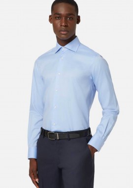 BOGGI MILANO - Boggi Milano ανδρικό πουκάμισο twill μονόχρωμο Slim Fit - BO24C005102 Μπλε Ανοιχτό