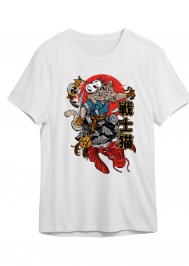 T-Shirt Cat Samurai Pop Culture White