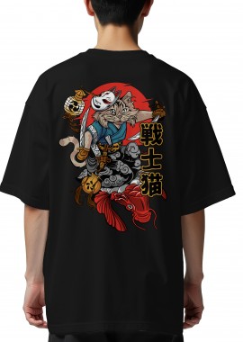 Pop Culture - Oversized T-Shirt Cat Samurai Pop Culture Black