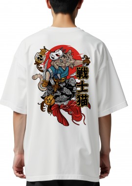Oversized T-Shirt Cat Samurai Pop Culture White