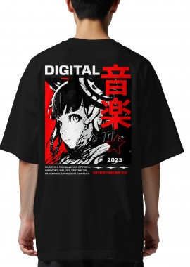 Pop Culture - Oversized T-Shirt Digital Music Streetwear - Japanese Girl Anime Pop Culture Black
