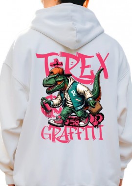 Hoodie T-Rex Urban Hip-Hop Star Y2K Graffiti Streetwear Pop Culture White