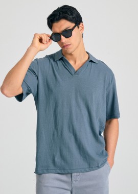 FUNKY BUDDHA - Relaxed fit linen blend μπλούζα πόλο