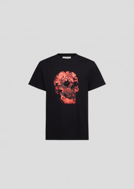 ALEXANDER MCQUEEN - ALEXANDER MCQUEEN Ανδρικό Μαύρο Wax Flower Skull Printed T-shirt