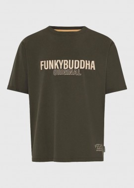 Funky Buddha - Funky Buddha Ανδρικό relaxed t-shirt με τύπωμα από βαμβάκι FBM013-032-04 Λαδί