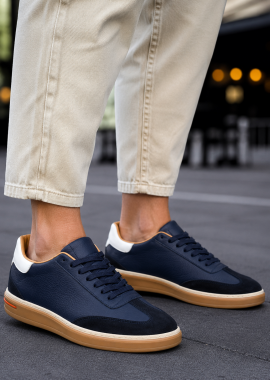 Huxley and Grace - Ανδρικά μπλε δερμάτινα Sneakers με suede λεπτομέρεια HG177817