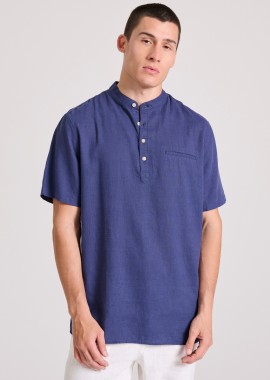 FUNKY BUDDHA - Relaxed fit linen blend κοντομάνικη πουκαμίσα με λαιμό mao