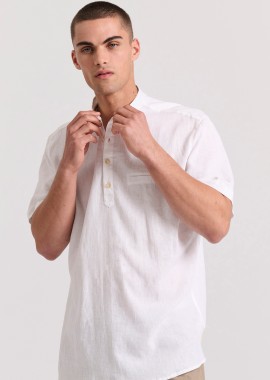 FUNKY BUDDHA - Relaxed fit linen blend κοντομάνικη πουκαμίσα με λαιμό mao