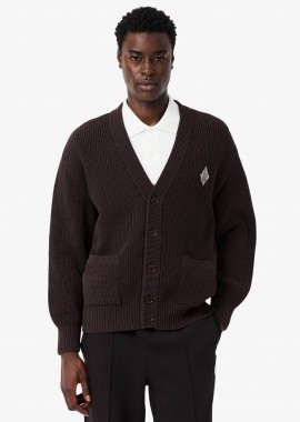 LACOSTE - Lacoste ανδρική πλεκτή ζακέτα ribbed με V και κεντημένο λογότυπο Relaxed Fit - AH0611-00 Καφέ Σκούρο