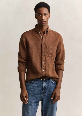 GANT - Gant ανδρικό λινό πουκάμισο button down με τσέπη και κεντημένο λογότυπο Regular Fit - 3240120 Καφέ