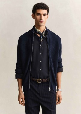 GANT - Gant ανδρική πλεκτή ζακέτα textured με λογότυπο Regular Fit - 8030278 Μπλε Σκούρο