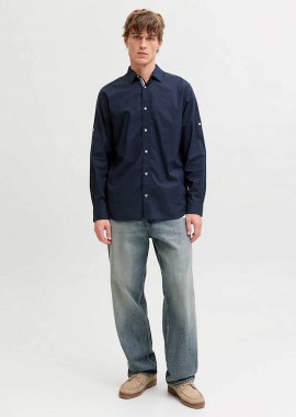 JACK & JONES - JACK & JONES ανδρικό πουκάμισο με roll-up μανίκια Regular Fit - 12289197 Μπλε Σκούρο