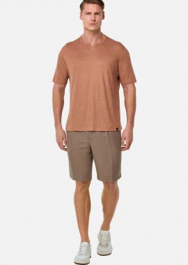 BOGGI MILANO - Boggi Milano ανδρική λινή βερμούδα μονόχρωμη Regular Fit - BO25P035903 Καφέ Ανοιχτό