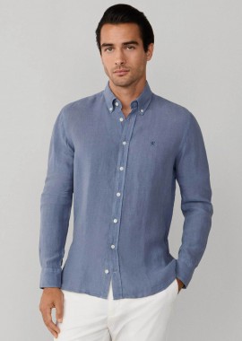 HACKETT - Hackett ανδρικό λινό πουκάμισο button down με κεντημένο λογότυπο Tailored Fit - HM3010635 Μπλε Ανοιχτό