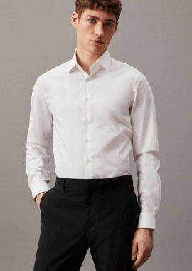 CALVIN KLEIN - Calvin Klein ανδρικό πουκάμισο μονόχρωμο με κεντημένο λογότυπο Fitted - K10K109509 Λευκό