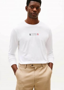TOMMY HILFIGER - Tommy Hilfiger ανδρική μακρυμάνικη μπλούζα με logo print Regular Fit - MW0MW41454 Λευκό