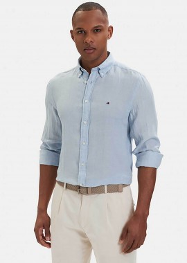 TOMMY HILFIGER - Tommy Hilfiger ανδρικό λινό πουκάμισο button down με κεντημένο logo flag Regular Fit - MW0MW41530 Μπλε Ανοιχτό
