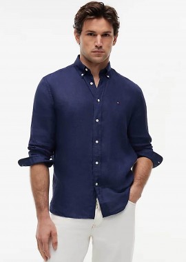 TOMMY HILFIGER - Tommy Hilfiger ανδρικό λινό πουκάμισο button down με κεντημένο logo flag Regular Fit - MW0MW41530 Μπλε Navy