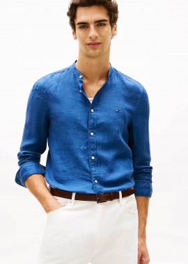 TOMMY HILFIGER - Tommy Hilfiger ανδρικό λινό πουκάμισο με κεντημένο logo flag Slim Fit - MW0MW39271 Μπλε
