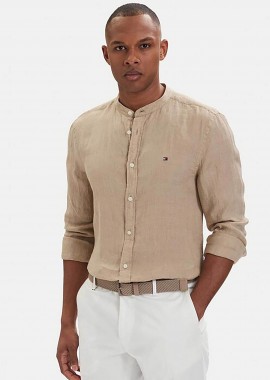 TOMMY HILFIGER - Tommy Hilfiger ανδρικό λινό πουκάμισο με κεντημένο logo flag Slim Fit - MW0MW39271 Μπεζ